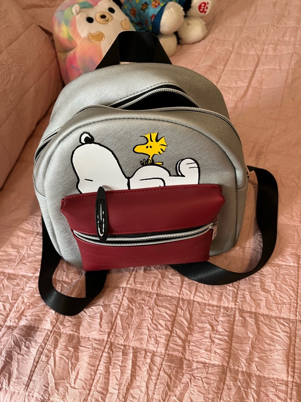 Peanuts Backpack with Red Pocket and Yellow Woodstock Graphic